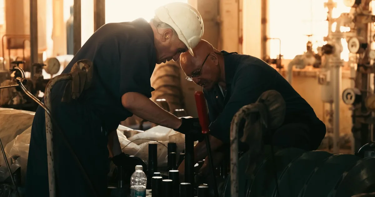 Two experienced maintenance technicians in hard hats servicing plant equipment together